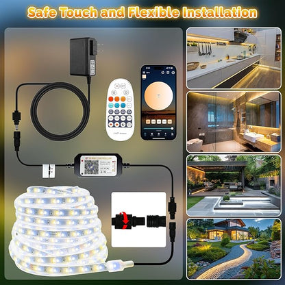 32.8FT Outdoor LED Strip Lights Waterproof IP67, Dimmable 3000K-6500K Warm White LED Rope Lights Outdoor Waterproof with Remote & APP, 24v Adhesive Exterior Lighting for Patio, Deck, Gazebo