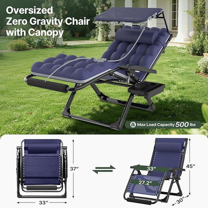 Suteck Zero Gravity Chair with Canopy,33In XXL Oversized Lounge Chairs | w/Removable Cushion&Headrest, Upgraded Lock and Footrest, Folding Reclining Patio Chairs Recliner for Indoor Outdoor