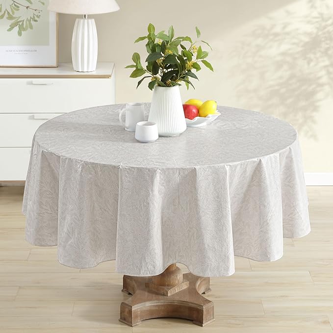 Newbridge Napa Leaf Beige Vinyl Flannel Backed Tablecloth, 70 Inch Round, Hotel Quality Waterproof Indoor Outdoor Table Cover for Kitchen, Patio, Dining, BBQ