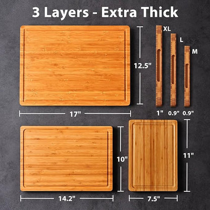 Allsum Carbonized Bamboo Wood Cutting Boards for Kitchen, 1” Thick Wooden Butcher with Juice Grooves and Handles, Cute Cheese Charcuterie Boards as a Gift for Chef, Family, 3 Pack
