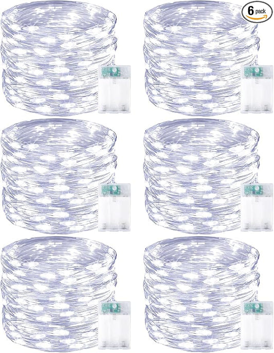 6 Pack 60 LED Fairy Lights Battery Operated with Timer, 20 FT Cool White | Cuttable Copper Wire, Waterproof Battery String Lights for Indoor Outdoor, Wedding, Bedroom, Home, DIY, Christmas Decorations