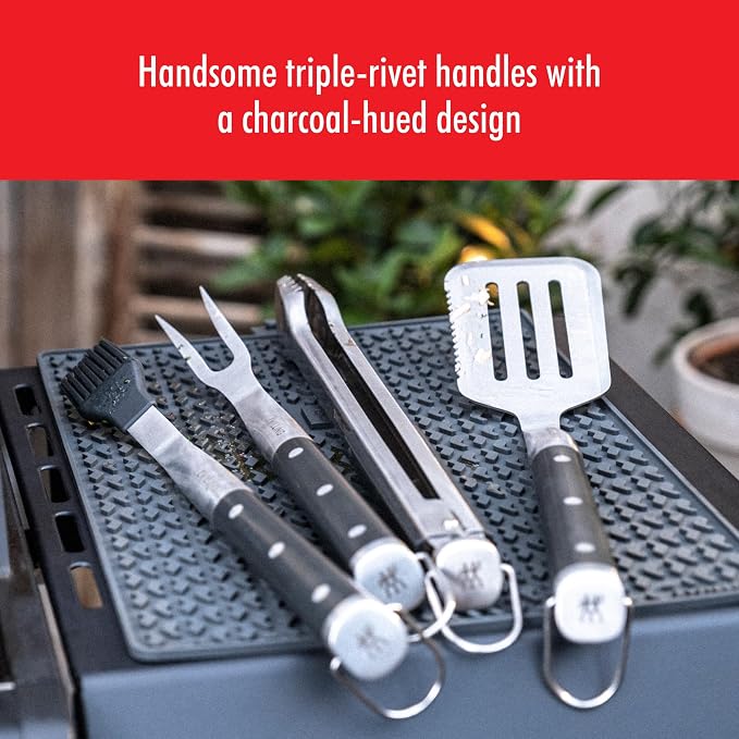 ZWILLING BBQ+ Grill Tool Set, 5-Piece Stainless Steel BBQ Accessories with Grill Spatula, Tongs, Fork, Basting Brush and Chef's Wrap, Durable, Easy to Clean and Travel-Friendly for Outdoor Grilling