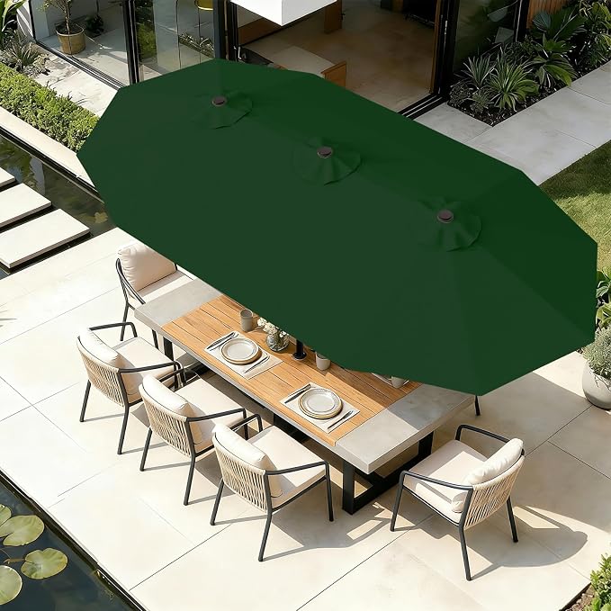 AreShark 15FT Outdoor Patio Umbrella with Crank, Large Rectangular Market Umbrella, Double-Sided Outdoor Umbrellas with Cross Base & Sandbag for Porch, Lawn, Pool, Backyard, Dark Green