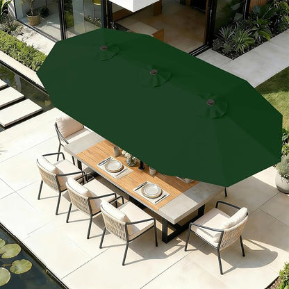 AreShark 15FT Outdoor Patio Umbrella with Crank, Large Rectangular Market Umbrella, Double-Sided Outdoor Umbrellas with Cross Base & Sandbag for Porch, Lawn, Pool, Backyard, Dark Green
