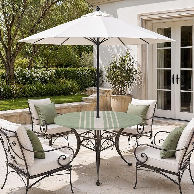 Outdoor Fitted Tablecloth with Umbrella Hole and Zipper, Sage Green Beige Striped Elastic Round Patio Table Cover, Farmhouse Retro Lines Modern Table Protector for Backyard BBQ Party 31''-35''