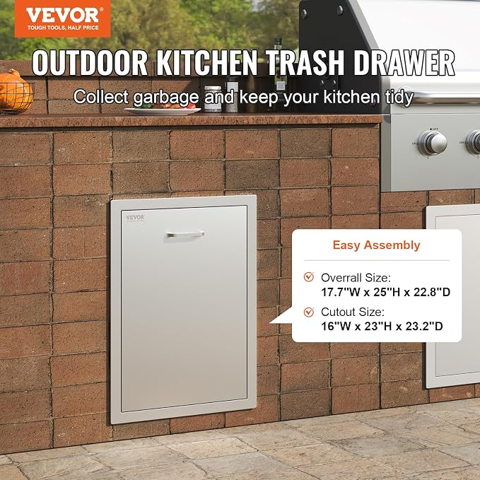 VEVOR Outdoor Kitchen Drawers 17.7"W x 25"H x 22.8"D Stainless Steel | Cabinets Trash Drawer/Door/Combo, for BBQ Island, Patio Grill Station, Access Door Drawers, Handle, Smooth Sliding Rail