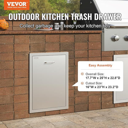 VEVOR Outdoor Kitchen Drawers 17.7"W x 25"H x 22.8"D Stainless Steel | Cabinets Trash Drawer/Door/Combo, for BBQ Island, Patio Grill Station, Access Door Drawers, Handle, Smooth Sliding Rail