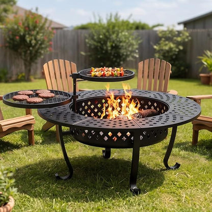 3 in 1 43" Large Fire Pit for Outside Wood Burning with 2 Adjustable Grills | Outdoor Fireplace with Lid and Fire Poker, Firepit with BBQ & Bonfire & Round Metal Table for Patio, Backyard, Deck, Yard
