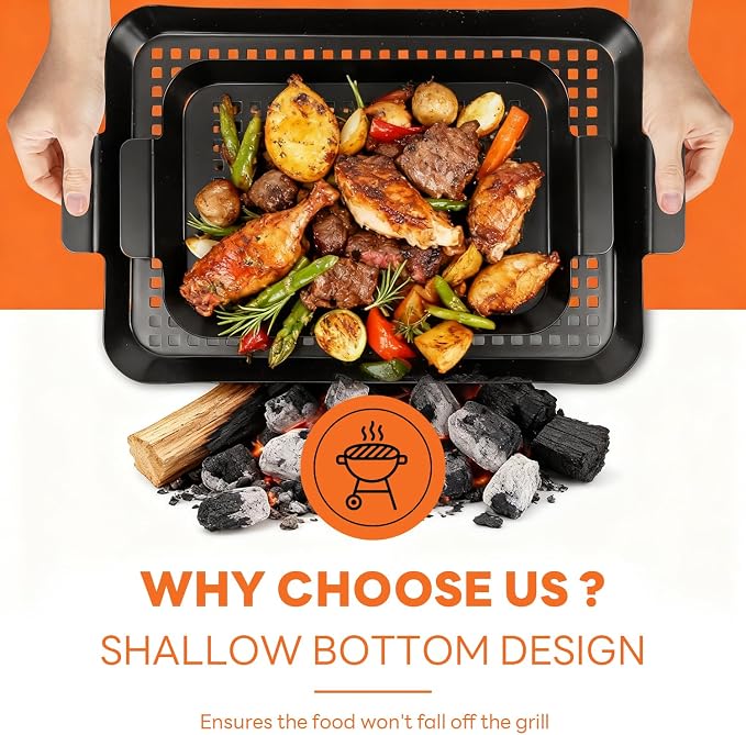 3PCS Grill pan: Grill Topper for Outdoor Grill, Non-Stick Enamel Coating Grill Topper Suitable for Camping, Picnic, Party
