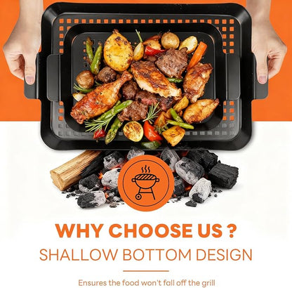 3PCS Grill pan: Grill Topper for Outdoor Grill, Non-Stick Enamel Coating Grill Topper Suitable for Camping, Picnic, Party