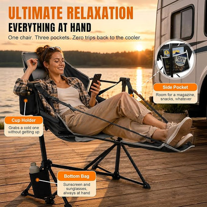HOPERAN Hammock Camping Chair with Footrest, 400 lbs Swing Chair, Black | 31.5" Wide Seat, 90°-130° Recliner, Stable Frame, 600D Fabric, Carry Bag, Cup Holder, Storage Pocket, for Beach Patio Sports