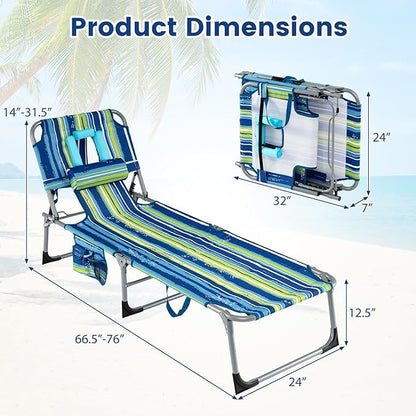 COSTWAY Tanning Chair with Face Hole, Folding Beach Lounge Chair with 4-Position Adjustable Backrest, Pillow & Side Pocket, Foldable Chaise Lounge Chair Outdoor for Sunbathing, Camping (2, Blue+Green)