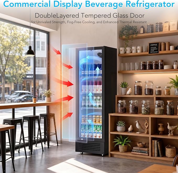 Electactic Commercial Beverage Refrigerator, 9 Cu. Ft. Drink Fridge, Display Refrigerator with Glass Door & 4 Adjustable Shelves,for Shops,Restaurants,Bars