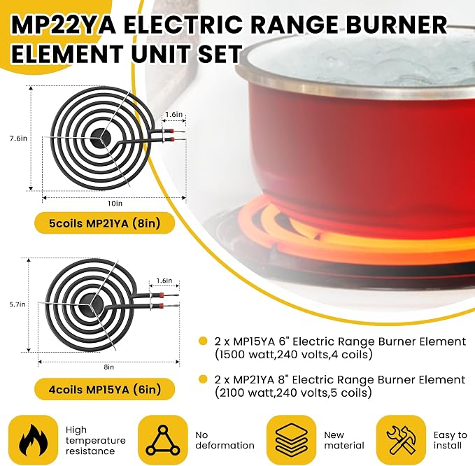 MP22YA Range Burner Element Set with 4pcs 330031 Receptacle Kit | 2 pcs MP21YA 8" & 2 pcs MP15YA 6", 4pcs 330031 Range Burner Receptacle Kit, Fit for Whirl-pool Ken-more Stoves