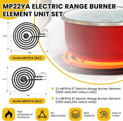 MP22YA Range Burner Element Set with 4pcs 330031 Receptacle Kit | 2 pcs MP21YA 8" & 2 pcs MP15YA 6", 4pcs 330031 Range Burner Receptacle Kit, Fit for Whirl-pool Ken-more Stoves
