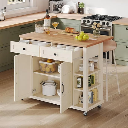DWVO Rolling Kitchen Island with Drop Leaf, Mobile Storage Islands with Power Outlet Foldable Tabletop, 2 Drawers and Open Shelves, for Living Room, Dining Room, Off White
