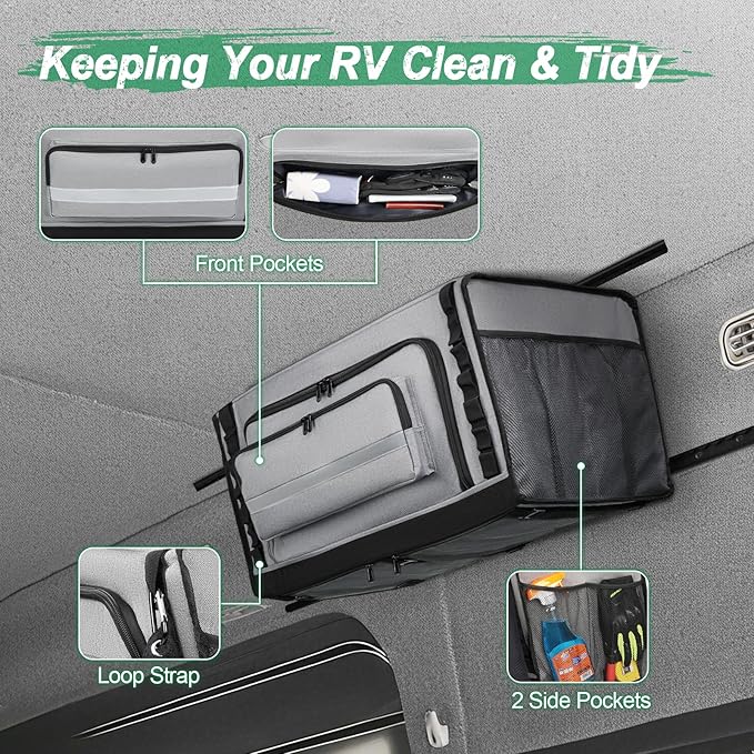 24" RV Overhead Storage Cabinet, Soft-Sided Overhead Organizer for Vans, RV Organizer Storage Cabinet Compatible with Mercedes-Benz Sprinter, Ford Transit & RAM Promaster Vans, Gray