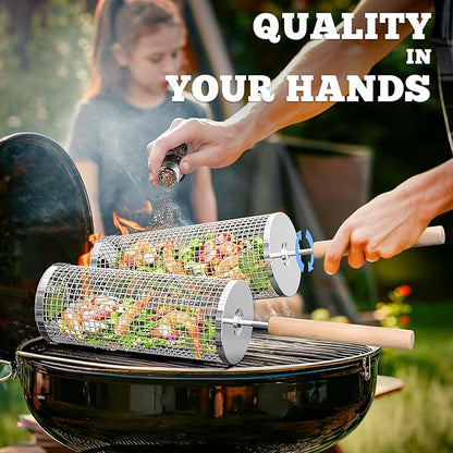 ivtivfu Rolling Grill Basket, Removable Wooden Handle, 304 Stainless Steel, Nesting BBQ Tools, Smoker Grilling Accessories for Vegetable, Outdoor Cooking Camping, Birthday Gifts for Men Dad Husband