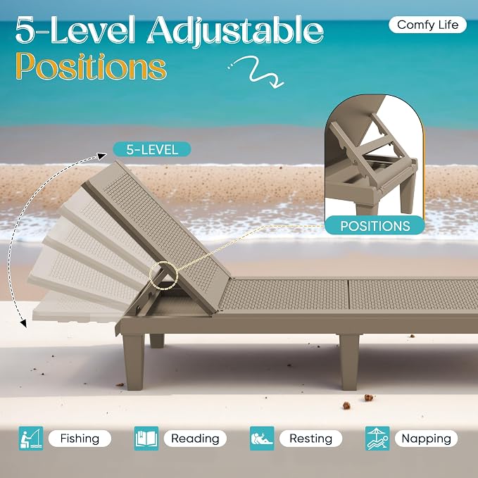 Greesum Lounge Chairs Set of 2 All Weather Outdoor Angle Adjustable Chaise for Beaches,Gardens,Decks and Pools,Light Coffee