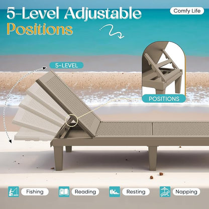 Greesum Lounge Chairs Set of 2 All Weather Outdoor Angle Adjustable Chaise for Beaches,Gardens,Decks and Pools,Light Coffee