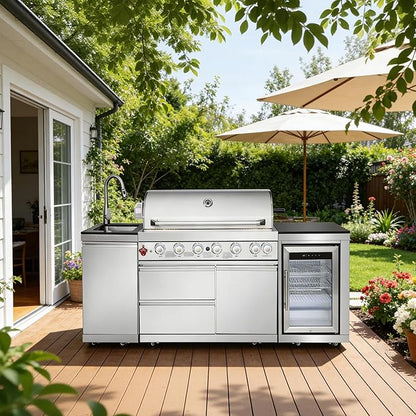 83" All-in-One Outdoor Kitchen Island,7 Burner Modular Kitchen with Grill Station Cabinetry,304 Stainless Black Granite, Sink, Fridge, BBQ Set for Patios & Backyards (Stainless, 83 IN-Fridge)