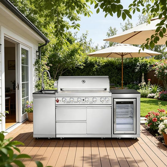 83" All-in-One Outdoor Kitchen Island,7 Burner Modular Kitchen with Grill Station Cabinetry,304 Stainless Black Granite, Sink, Fridge, BBQ Set for Patios & Backyards (Stainless, 83 IN-Fridge)