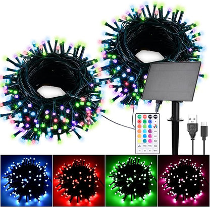 80Ft Solar String Lights for Outside Color Changing LED Christmas Lights | Waterproof 18 Colors 200 LEDs Solar Powered & USB with Remote, RGB Outdoor Fairy Light for Yard Tree Fence Halloween Decor