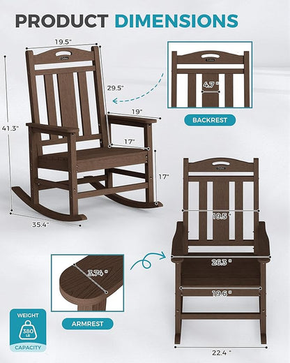 Ciokea Oversized Outdoor Rocking Chair, 380lbs Heavy-Duty Large Patio Rocker, Weather Resistant & Anti-Fade Porch Chair, High Back Cozy Rocking Chair for Outside, Fire Pit, Deck, Garden, Brown