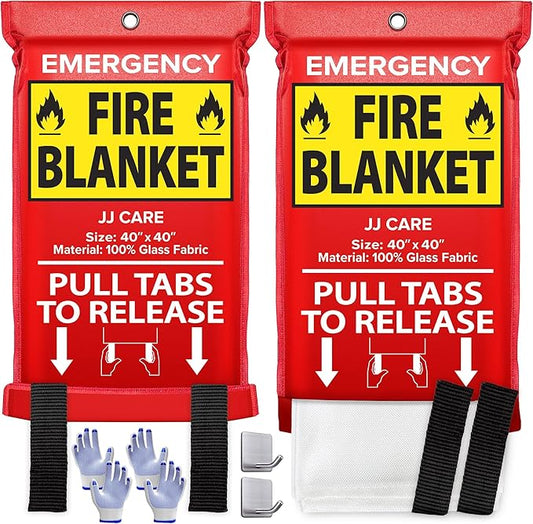 JJ CARE Fire Blanket - 40" x 40" [2 Packs with Hooks & Gloves] - Suppression Flame Retardant Emergency Fire Blanket for Camping, Grill, Kitchen, Home, Car, School, Office, Warehouse
