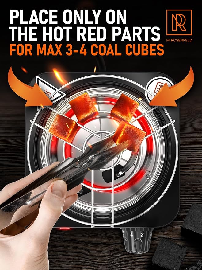 M. ROSENFELD Hookah Coal Burner 500W with Grid - Coal Burner for Hooka Cubes Black Heat Hookah Charcoal Burner Electric for Shisha with Grill & Free Hooka Tongs Hooka Stove - 304 Stainless Steel