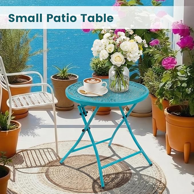 TeoKJ Folding Outdoor Side Table, No Assembly Patio Table with Cutouts | Metal Round Anti Rust Patio Desk, Small Nightstand with Flower Cutouts, for Yard, Balcony, Lawn, Pool, Lightweight, Blue