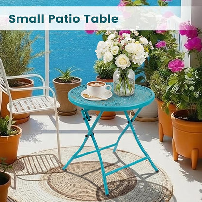 TeoKJ Folding Outdoor Side Table, No Assembly Patio Table with Cutouts | Metal Round Anti Rust Patio Desk, Small Nightstand with Flower Cutouts, for Yard, Balcony, Lawn, Pool, Lightweight, Blue