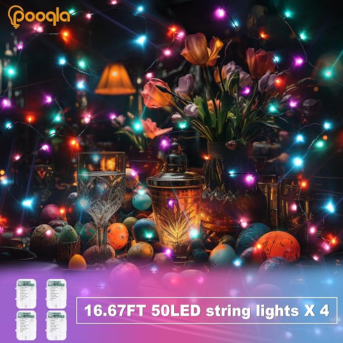 Pooqla 4 Pack String Lights Battery Operated, Total 66.6ft 200 LED Fairy Lights Indoor Outdoor Decorations, 8 Modes Battery Colorful Pastel Easter Lights for Bedroom Classroom Porch Party Yard Decor