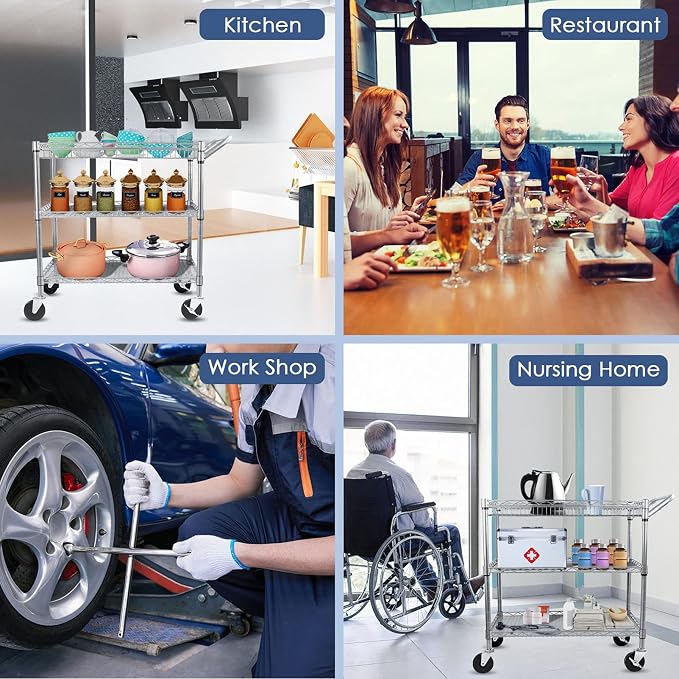 Heavy Duty 3 Tier Utility Cart,Wire Rolling Carts with Wheels, Commercial Grade Service Cart with Shelving Liners and Handle Bar Metal Carts for Kitchen Office Hardware