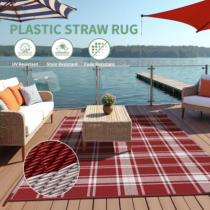 GENIMO Outdoor Rug, Waterproof Plastic Rugs for Patio, 5'x8' Red Plaid | Outside Larger Modern Carpet Mat for Porch Decor, Deck, Balcony, Camping, RV, Backyard, Picnic, Beach, Reversible, Foldable