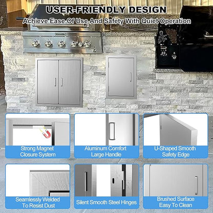 Outdoor Kitchen Door 17" W x 24" H-304 Stainless Steel Never Rust Cabinet Door-Double Layer-BBQ Access Doors-Weatherproof GrillDoor-Flush Mount BBQ Island Doors-MetalDoor for Outdoor Indoor Kitchen