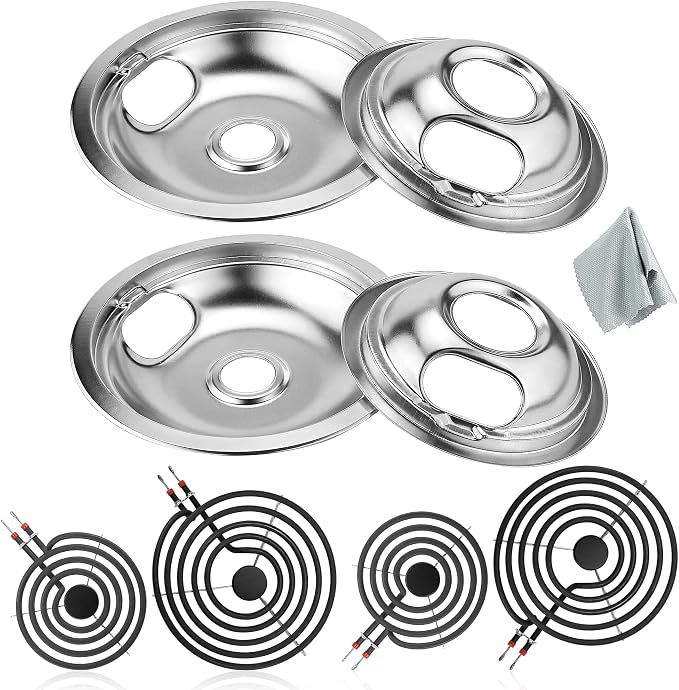 W10196405 W10196406 Chrome Drip Pans & MP22YA Electric Range Burner Element | Compatible with Amana/Maytag/Whirlpool Electric Stove, Include 2 6-Inch and 2 8-Inch Silver Drip Pans & Stove Burner Elements