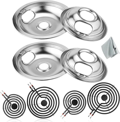 W10196405 W10196406 Chrome Drip Pans & MP22YA Electric Range Burner Element | Compatible with Amana/Maytag/Whirlpool Electric Stove, Include 2 6-Inch and 2 8-Inch Silver Drip Pans & Stove Burner Elements