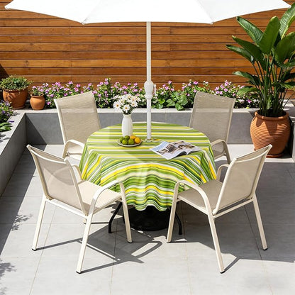 Poise3EHome 60 Inches Round Outdoor Tablecloth with Umbrella Hole and Zipper,Spillproof Patio Table Cloth for Camping Picnic Party Garden Table, Green Striped