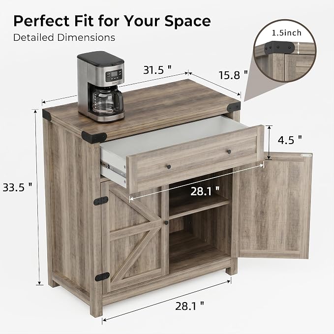 YESHOMY Kitchen Storage Cabinet, Coffee Bar Cabinet, Farmhouse Sideboard Buffet with Storage, Barn Door Accent Cabinet with a Drawer and Adjustable Shelf for Kitchen, Dining Room, Entryway, Oak, 1PCS