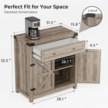 YESHOMY Kitchen Storage Cabinet, Coffee Bar Cabinet, Farmhouse Sideboard Buffet with Storage, Barn Door Accent Cabinet with a Drawer and Adjustable Shelf for Kitchen, Dining Room, Entryway, Oak, 1PCS
