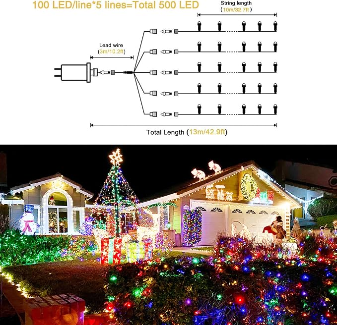 JMEXSUSS 500 LED Multicolor Christmas Tree Lights Plug in | 8 Modes, Indoor Outdoor Use, Waterproof, Green Wire, Twinkle Christmas String Lights for Tree Yard Garden Xmas Decoration