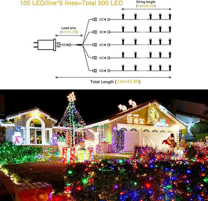 JMEXSUSS 500 LED Multicolor Christmas Tree Lights Plug in | 8 Modes, Indoor Outdoor Use, Waterproof, Green Wire, Twinkle Christmas String Lights for Tree Yard Garden Xmas Decoration
