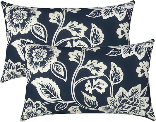 LVTXIII Set of 2 Patio Lumbar Pillow Covers ONLY, 12" x 20" Fade Resistant Outdoor Lumbar Pillow Cases,Decorative Garden Lumbar Cushion Covers for Patio Coach Sofa Use, Elegant Vines Navy