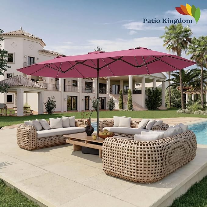 15FT Double Sided Patio Umbrella with Base Included Large Outdoor Market Umbrella with Crank Handle, UV Resistant Canopy, Sturdy Frame for Garden, Poolside, Deck, Rose Pink