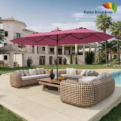 15FT Double Sided Patio Umbrella with Base Included Large Outdoor Market Umbrella with Crank Handle, UV Resistant Canopy, Sturdy Frame for Garden, Poolside, Deck, Rose Pink