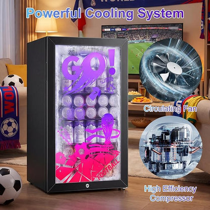 Small Beverage Refrigerator with LED Light Up Door – 128 Can Freestanding Drink Fridge, Mini Beer Cooler with 4 Removable Shelves, Child Safety Lock for Party Bar Gaming Room,World Cup Edition