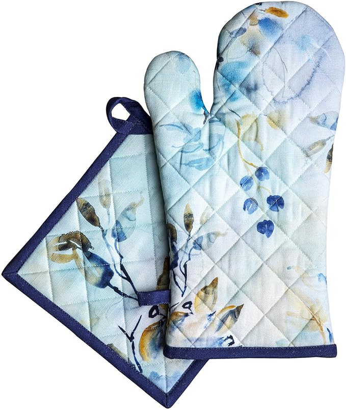 Maison d' Hermine 100% Cotton Oven Mitt & Pot Holder Set (7.5"x13" & 8"x8") Heat Resistant BBQ Cooking Gloves with Loop Baking Grilling Kitchen Hotel Home Farmhouse Spring Summer (Lazy Summer Days)
