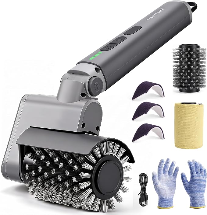 MulWark Electric Grill Brush, BBQ Electric Grill Cleaner with 2 Heads, 480RPM Cordless Motorized Cleaner, 5200mAh Grill Cleaner for Outdoor Grill 6-Piece Kit with Degreasing Pad and Glove