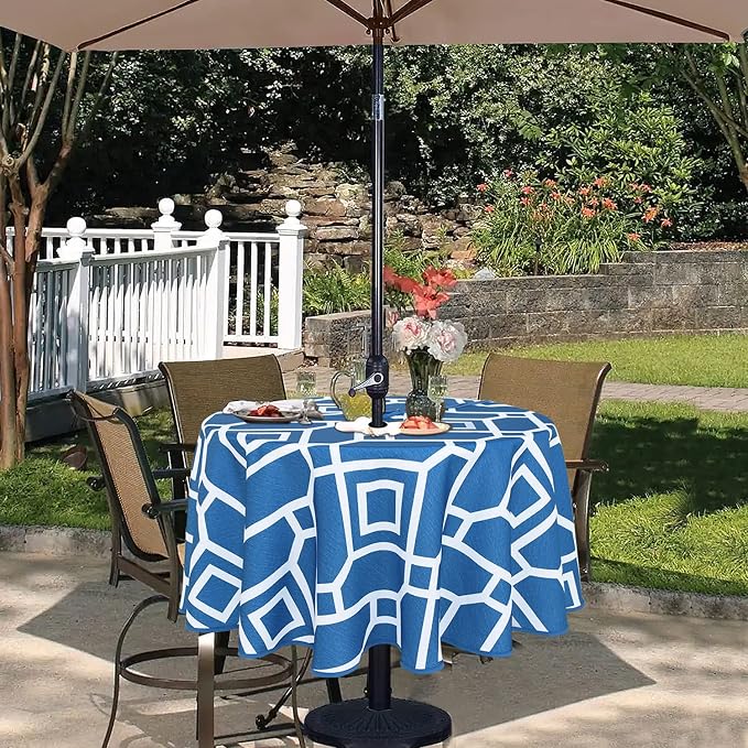 LUSHVIDA Moroccan Outdoor Round Tablecloth with Umbrella Hole and Zipper, 60 Inch Blue, Waterproof Wrinkle Free Table Cloth Decorative Fabric Washable Table Cover for Patio, Party, Picnic